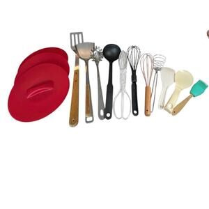 Set 15 Piece Kitchen Utensils Silicone Wood Metal Whisks Ladle Tongs Spatula Set